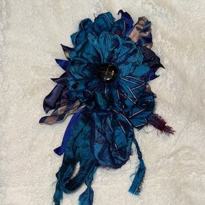 Blue Fabric Flower brooch pin with Center Button